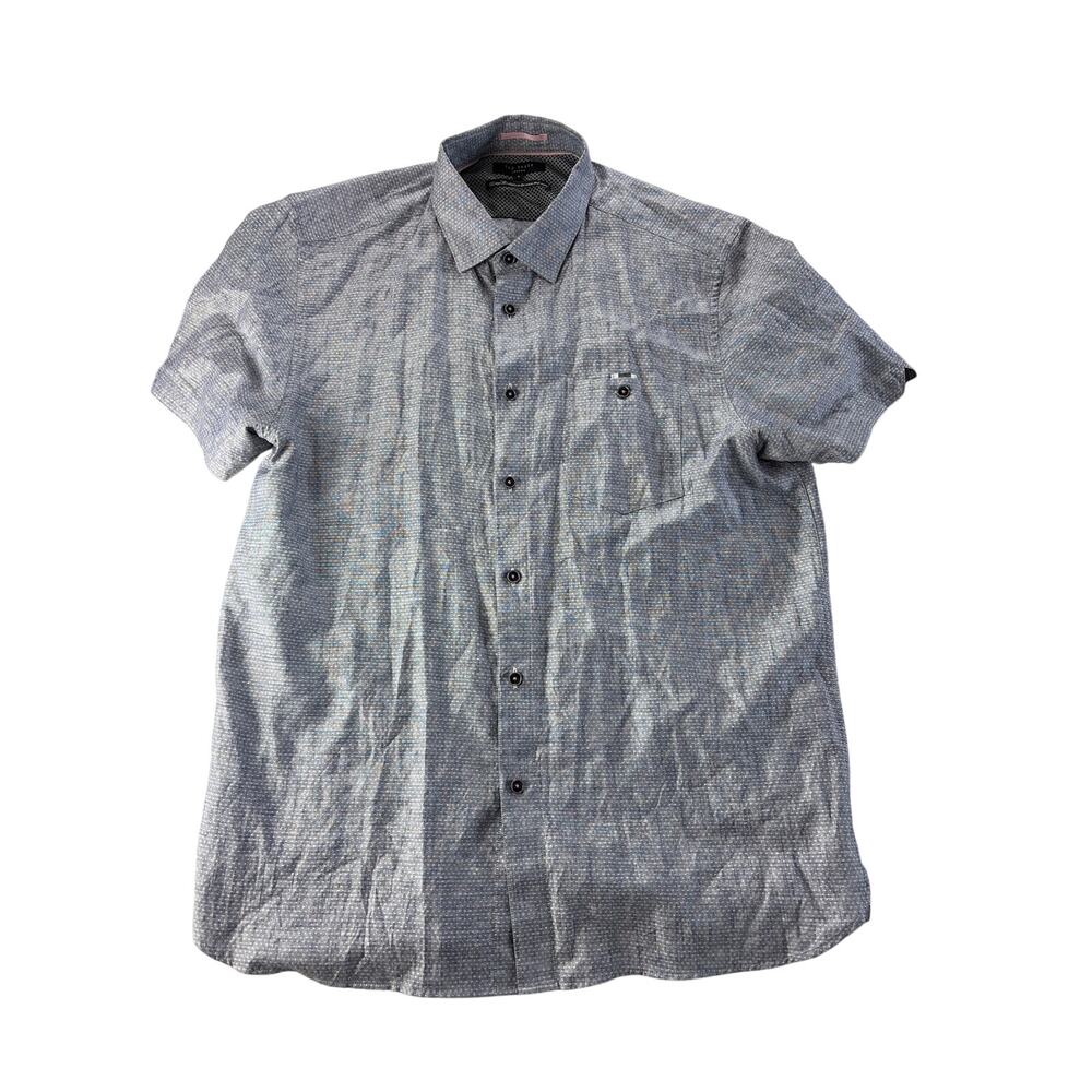 Ted Baker Mens Button Front Shirt Size 5 Large Linen Cotton Blend Short Sleeve